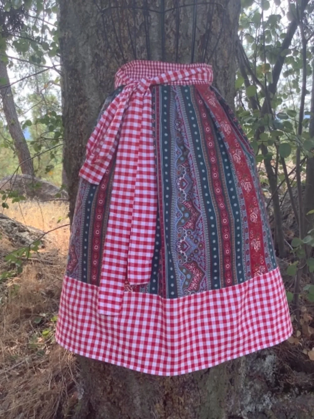 Red Check Straps Green Floral Stripe Apron Costume Kitchen Peasant Oktoberfest